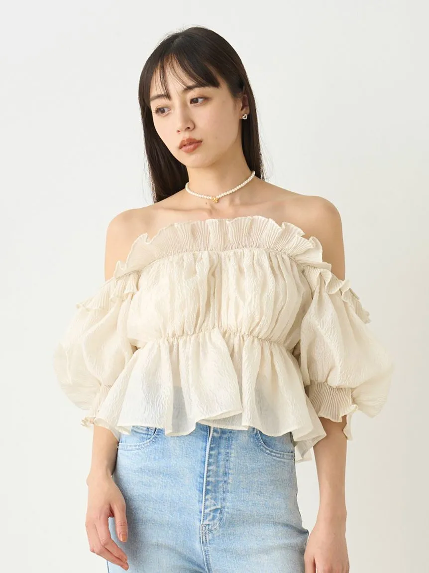 Jacquard Volume Gathered Off-Shoulder Ruffle Blouse