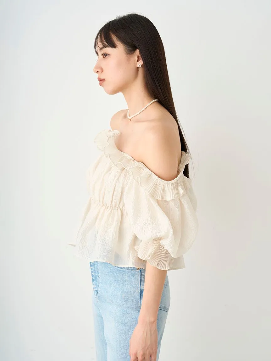 Jacquard Volume Gathered Off-Shoulder Ruffle Blouse