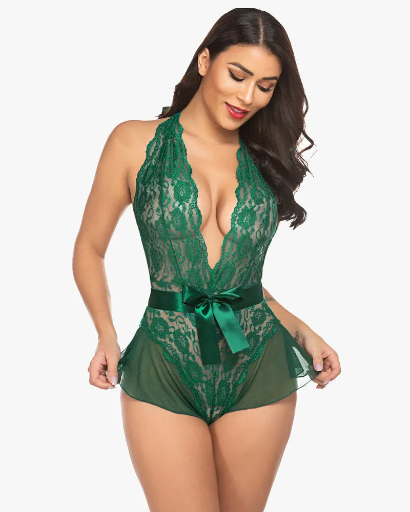 Lace Teddy Bodysuit Halter V Neck One Piece