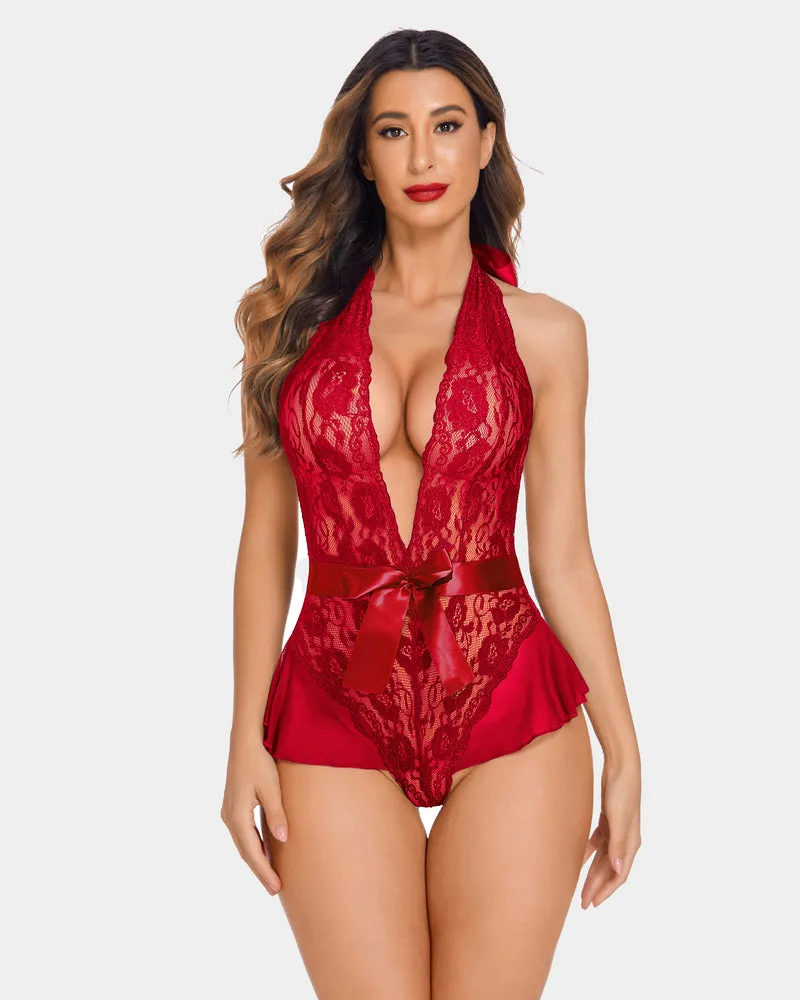 Lace Teddy Bodysuit Halter V Neck One Piece