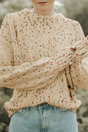 Light French Beige Colorful Confetti Dots Cable Knit Crew Neck Sweater