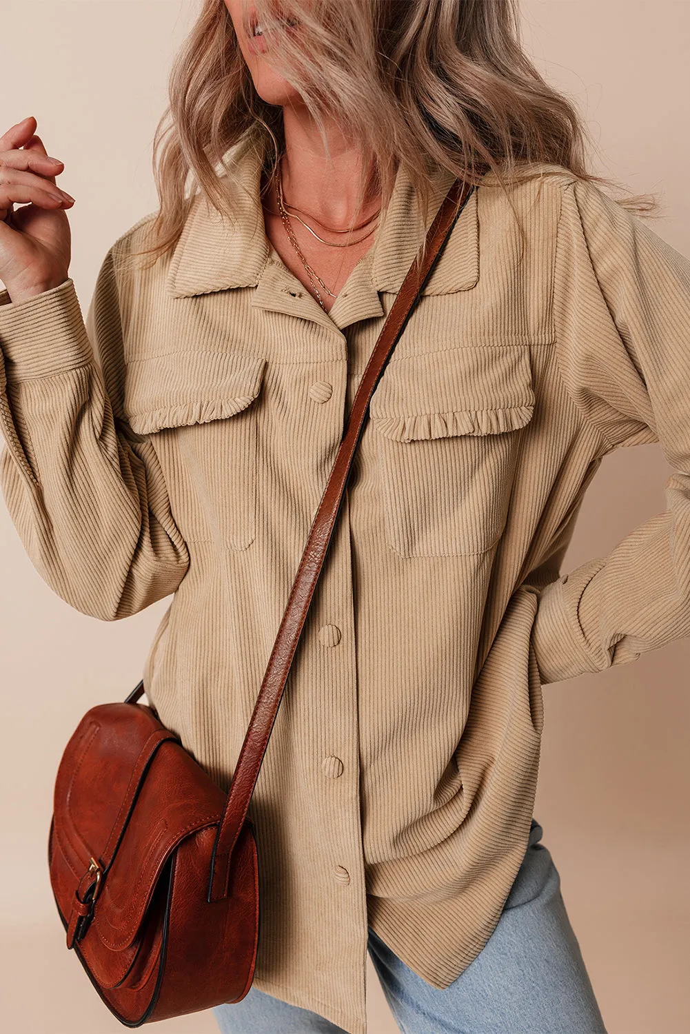 Light French Beige Solid Frilled Flap Pocket Button Up Corduroy Shacket