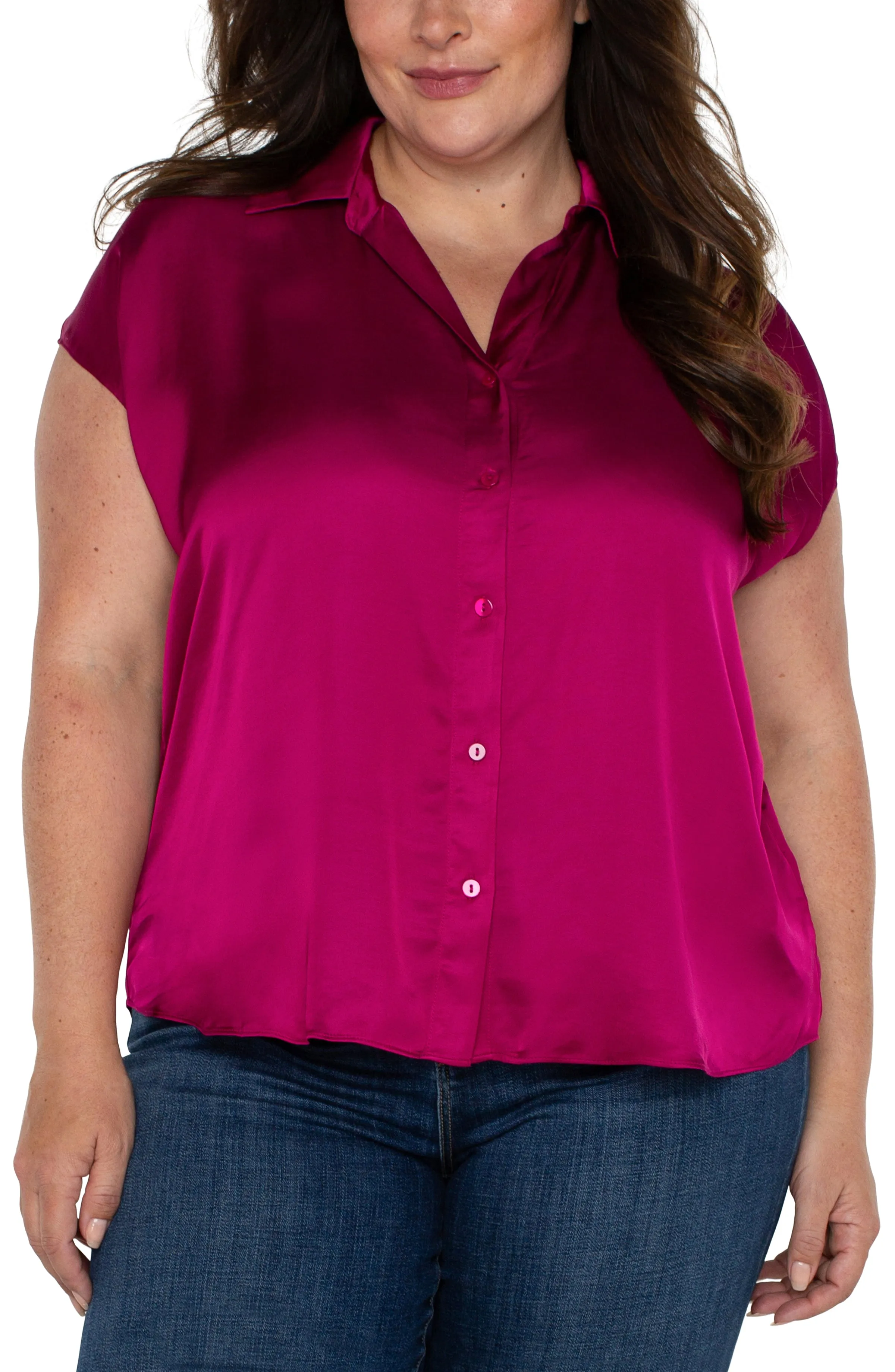 Liverpool Dolman Sleeve Blouse with Collar and Button Front Plus Size(Fuchsia Kiss)