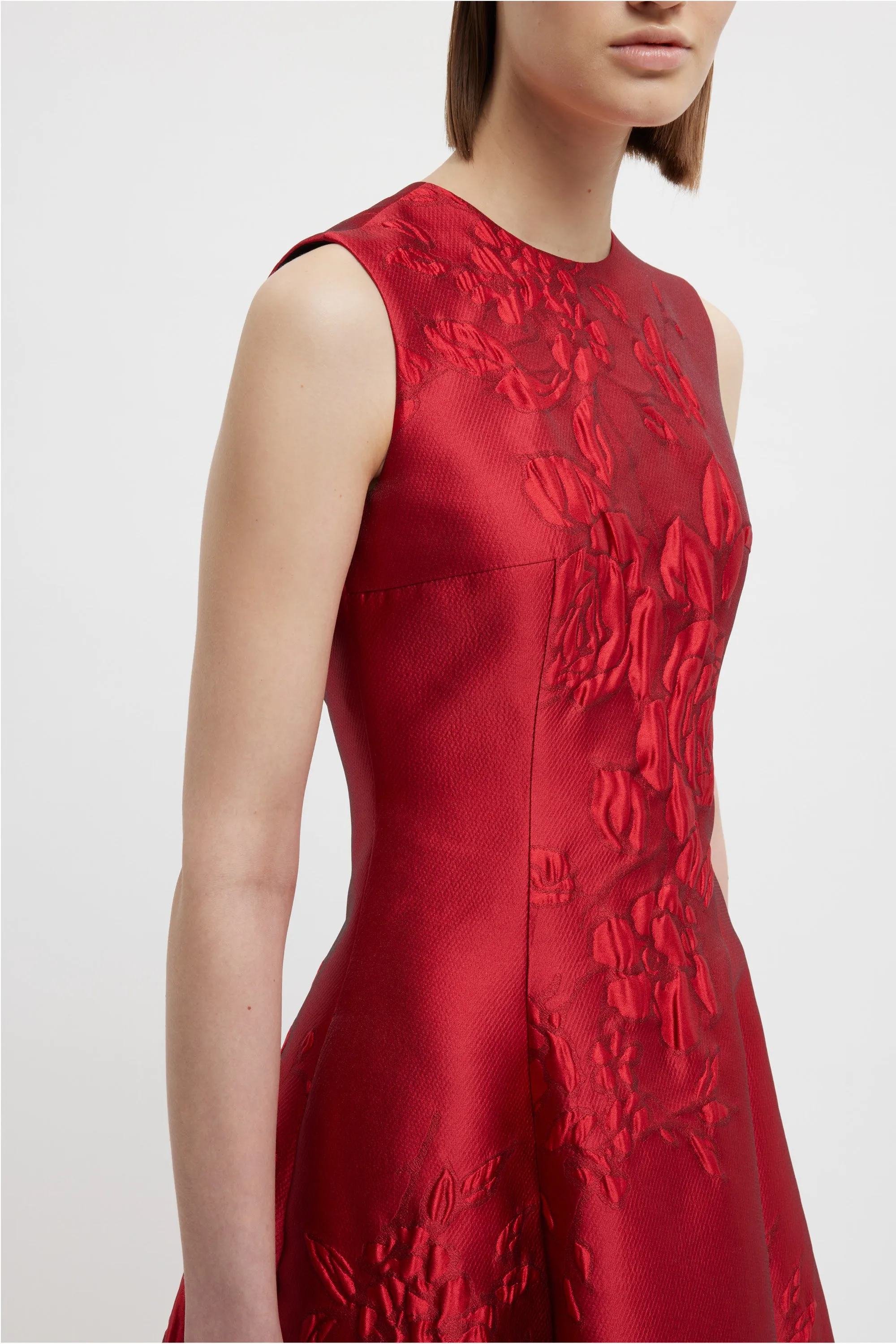 Mara Dress In Red Graphic Rose Jacquard