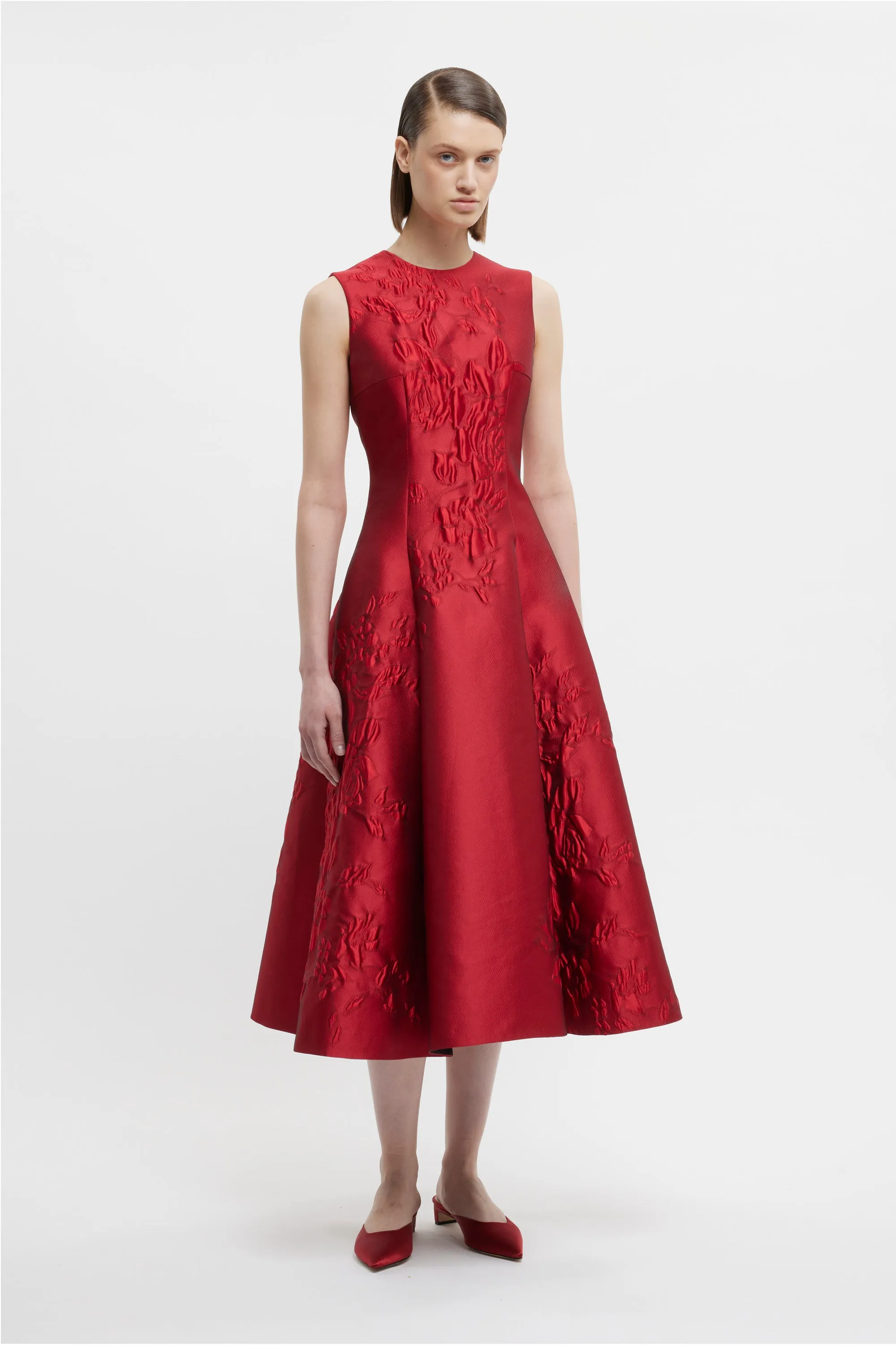 Mara Dress In Red Graphic Rose Jacquard