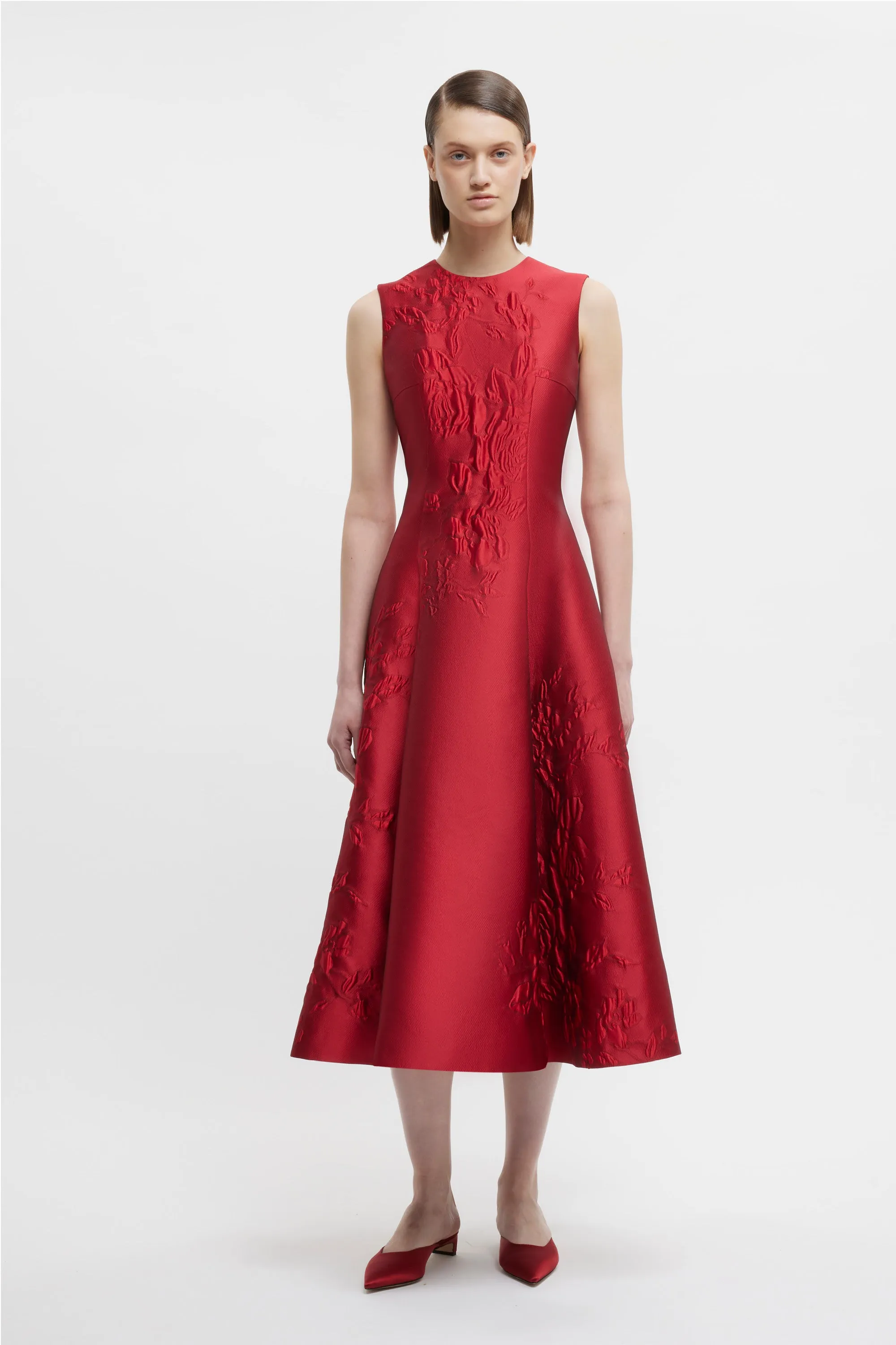 Mara Dress In Red Graphic Rose Jacquard