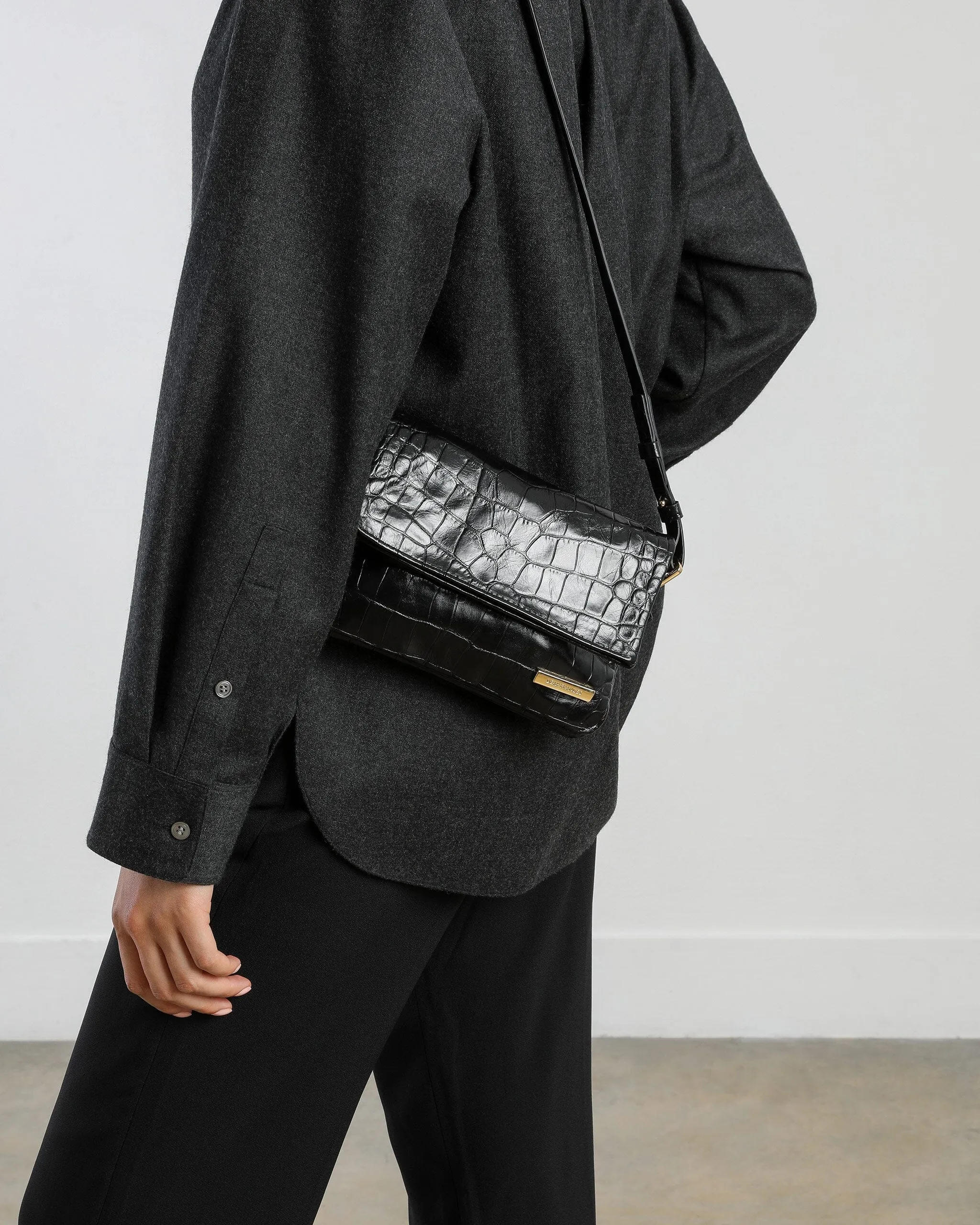 Mari Small Crossbody, Black Croco