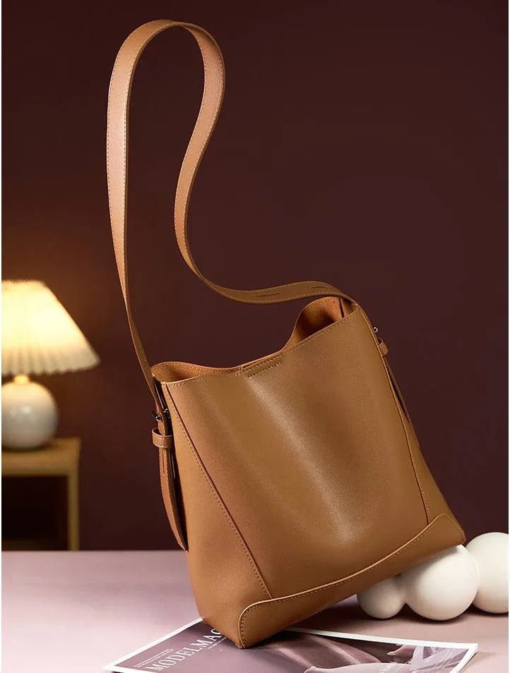 Minimalist Genuine Leather Bucket Bag | Leather Shoulder Bag, Chic Crossbody Bag, Gift for Her