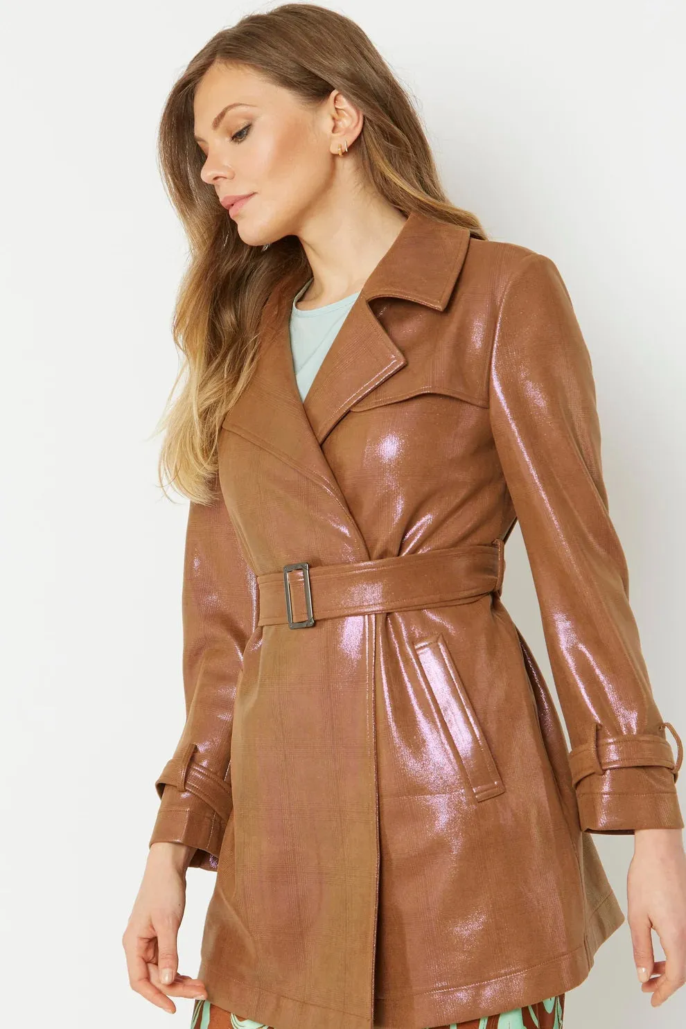 Mocha Metallic Faux Suede Trench Coat