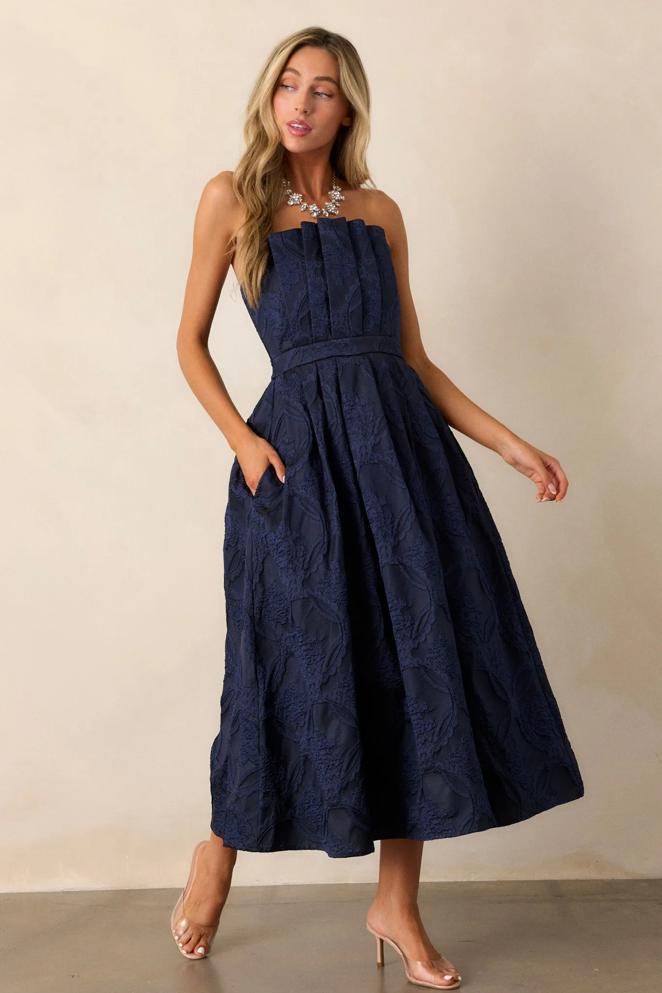 Moonstone Dreams Navy Floral Jacquard Midi Dress