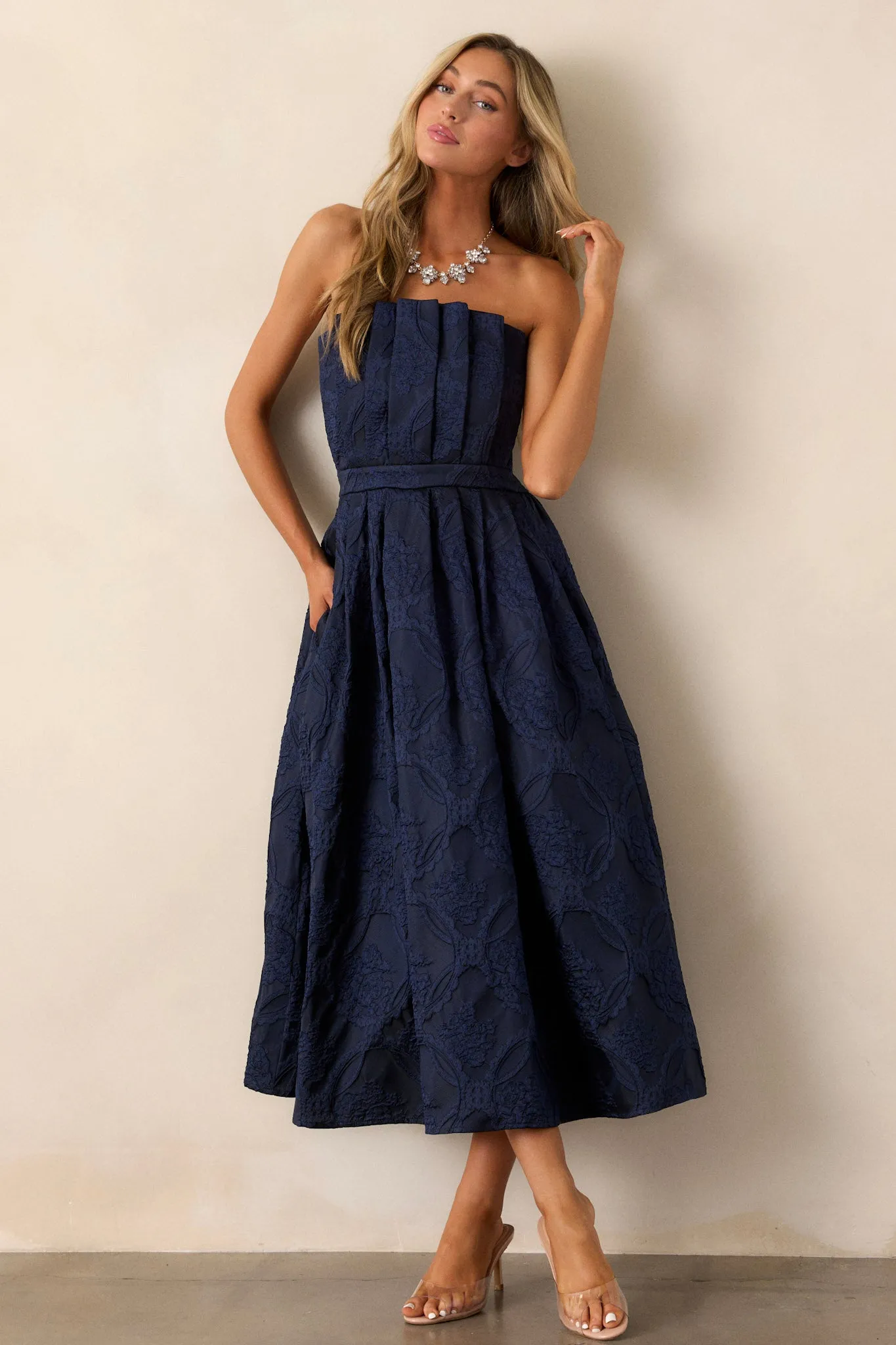 Moonstone Dreams Navy Floral Jacquard Midi Dress