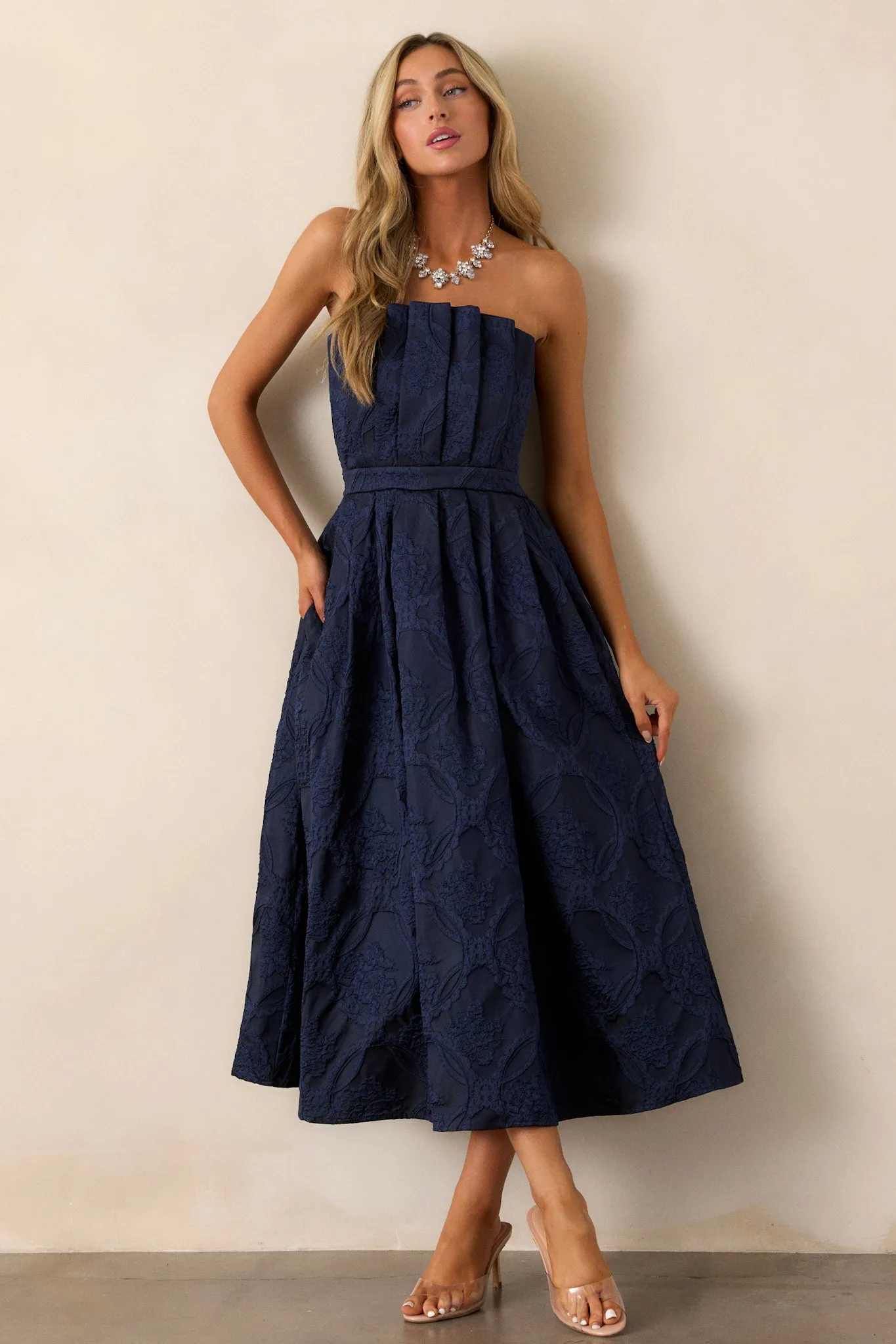 Moonstone Dreams Navy Floral Jacquard Midi Dress