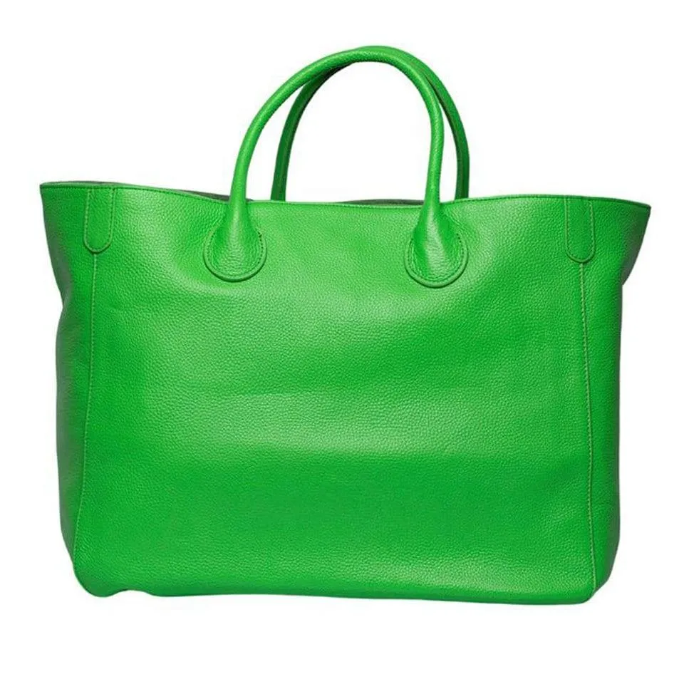 Neon Green Large Leather Tote Bag, Cowhide Leather Bag, Lady Fashion Bag Green, Leather Weekend Bag, Women Carry Out Bag, Gifts For Her