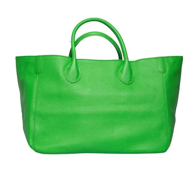 Neon Green Large Leather Tote Bag, Cowhide Leather Bag, Lady Fashion Bag Green, Leather Weekend Bag, Women Carry Out Bag, Gifts For Her