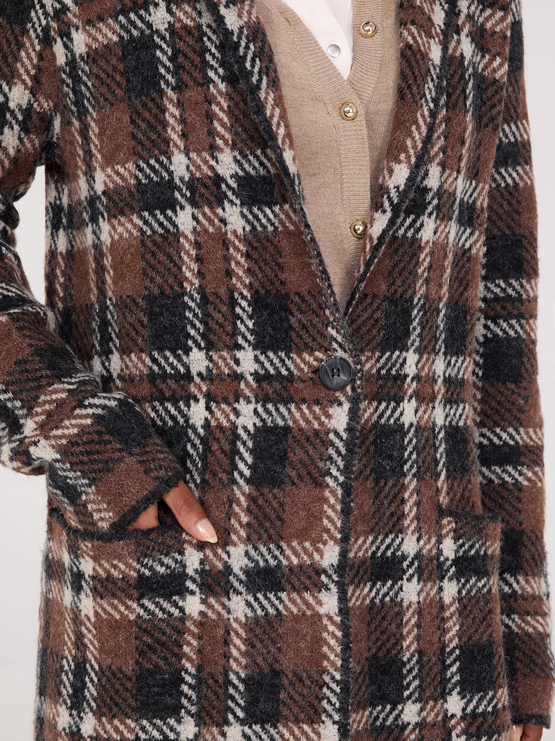 Plaid Jacquard Notch Collar One-Button Duster