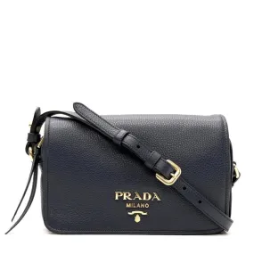 Prada Vitello Phenix Baltico Blue Leather Flap Medium Crossbody Bag