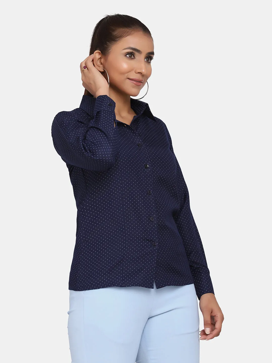 Printed Collared Formal Shirt for Women - Navy Blue