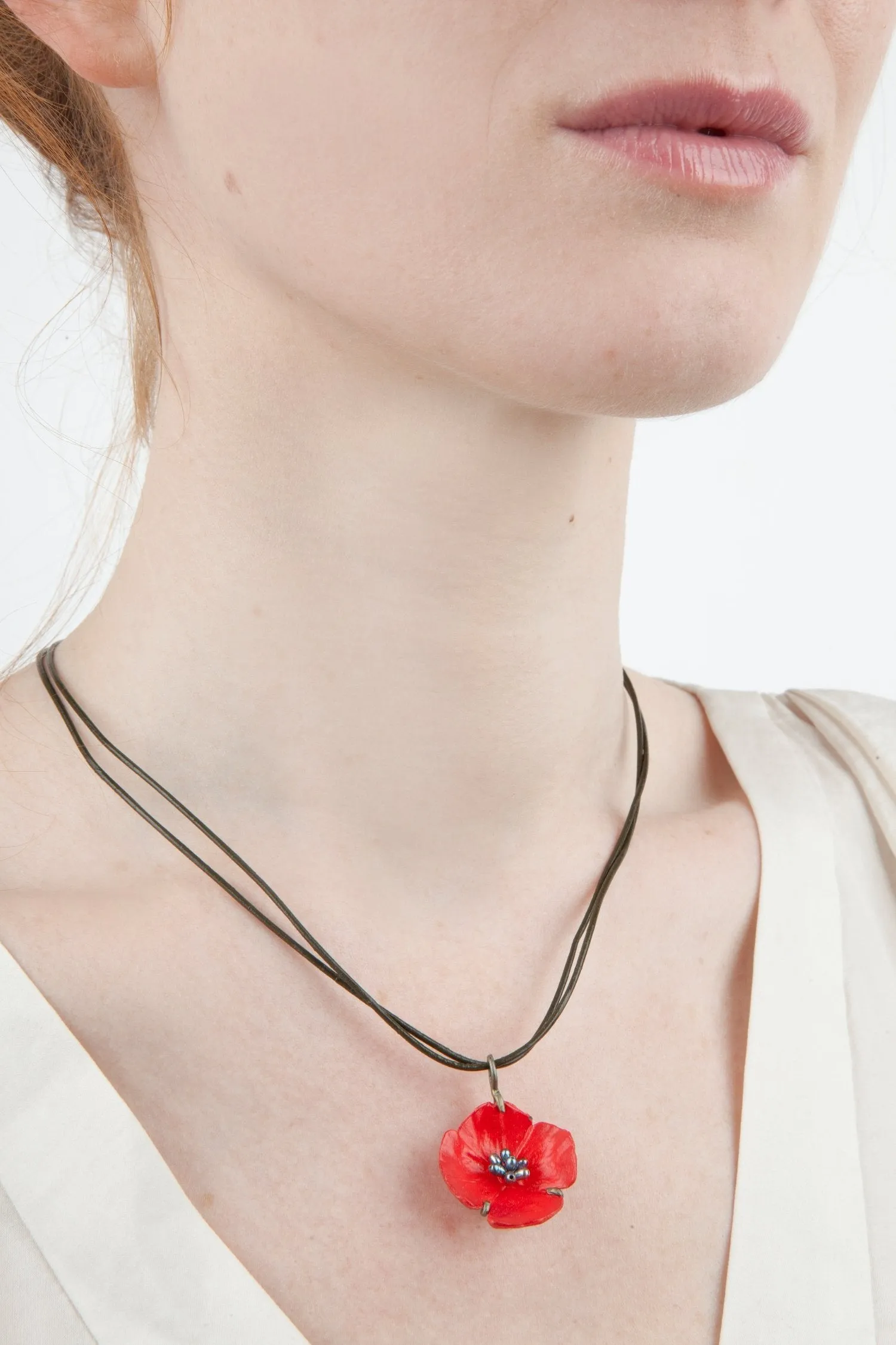 Red Poppy Pendant - Leather Cord