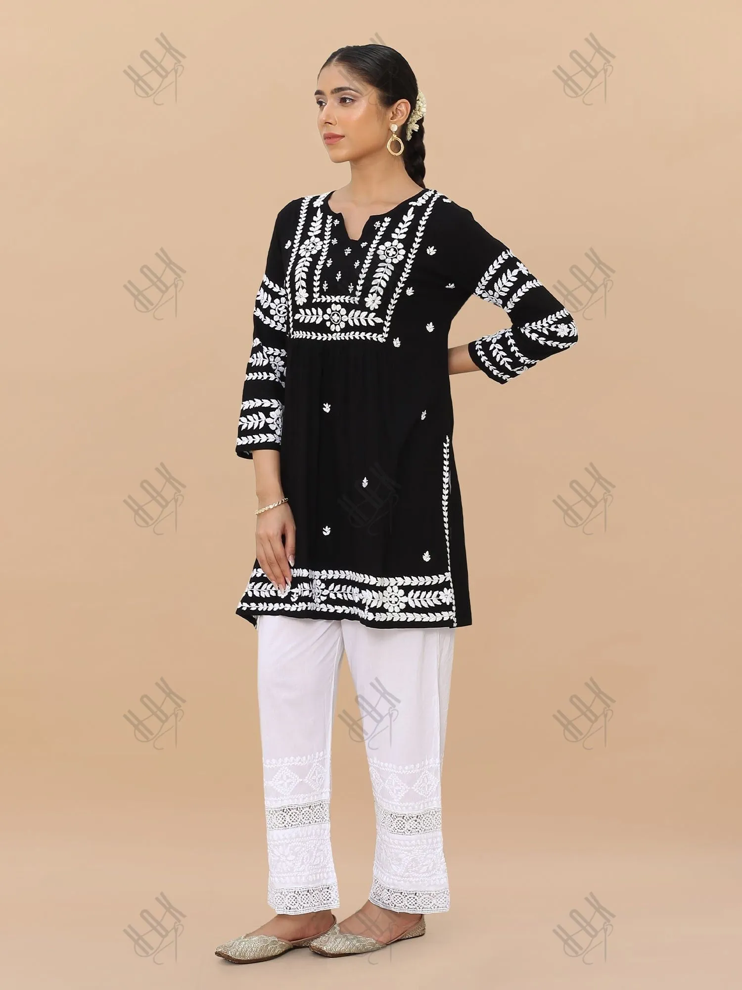 Saba Chikankari Short Kurta in Rayon cotton - Black With White