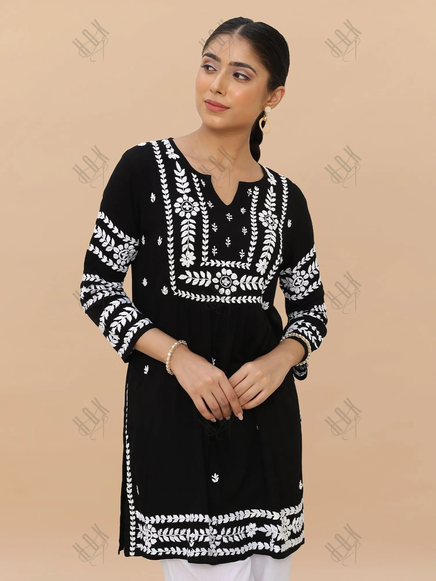 Saba Chikankari Short Kurta in Rayon cotton - Black With White