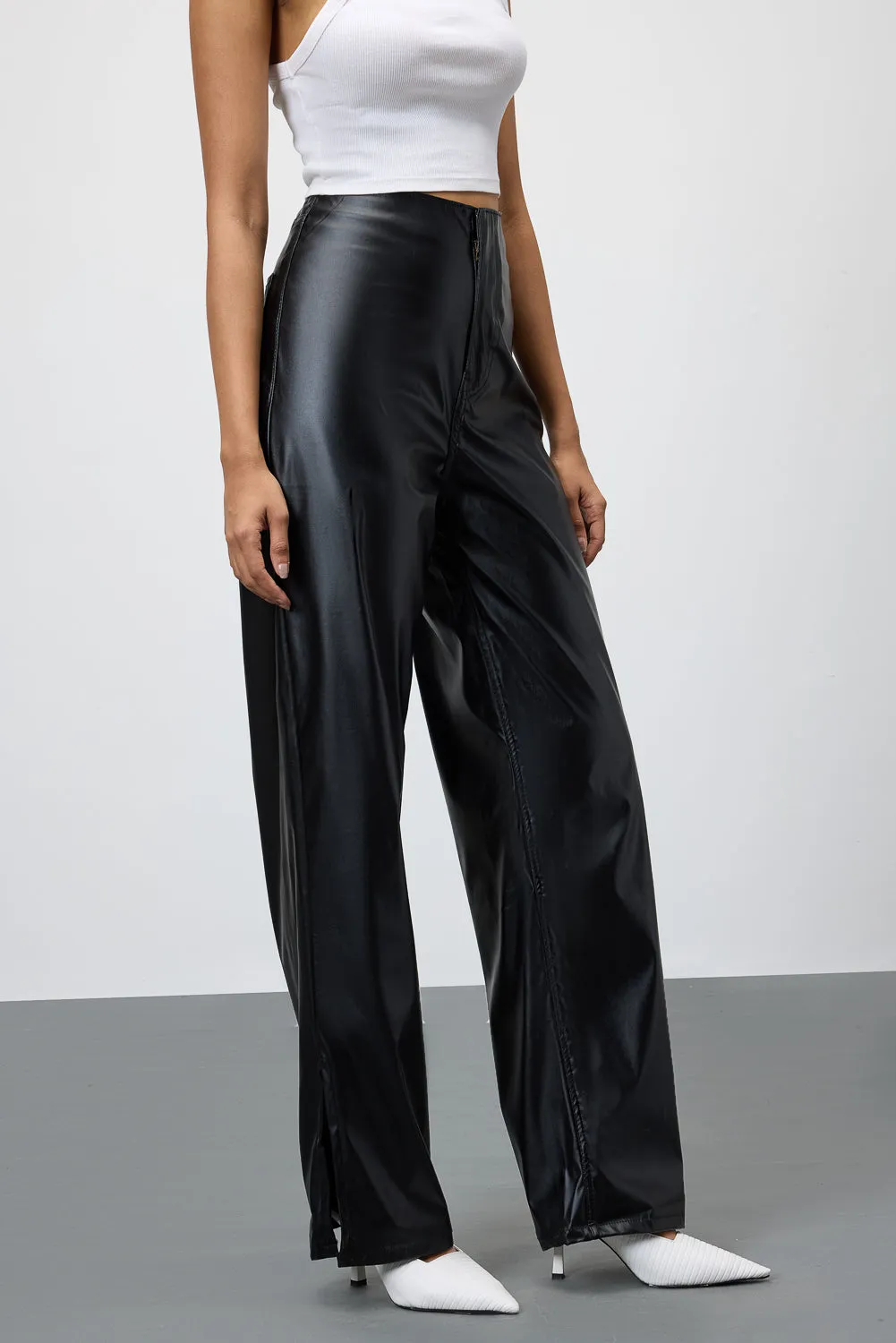 Slit-Hem Black Leather Pants