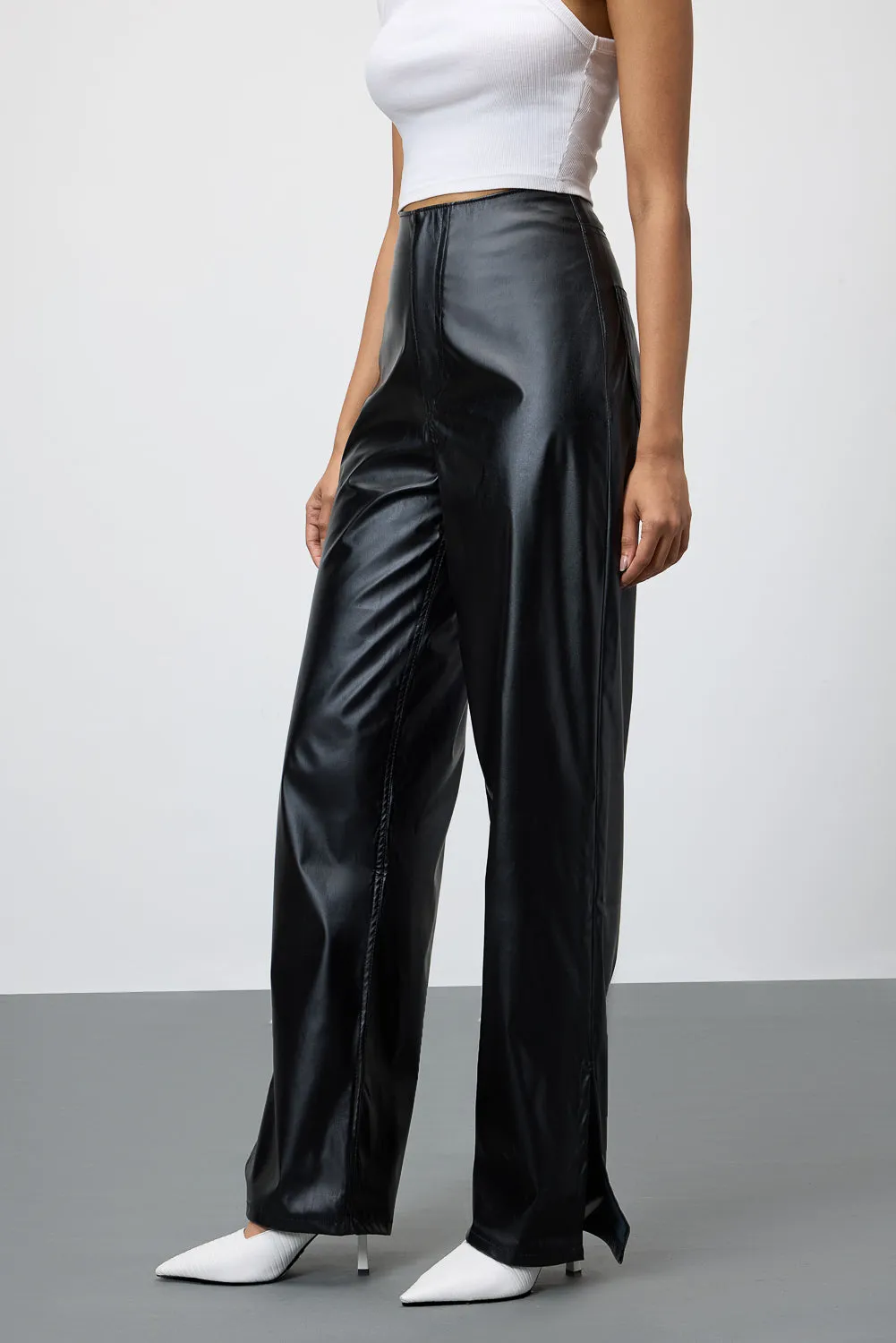 Slit-Hem Black Leather Pants