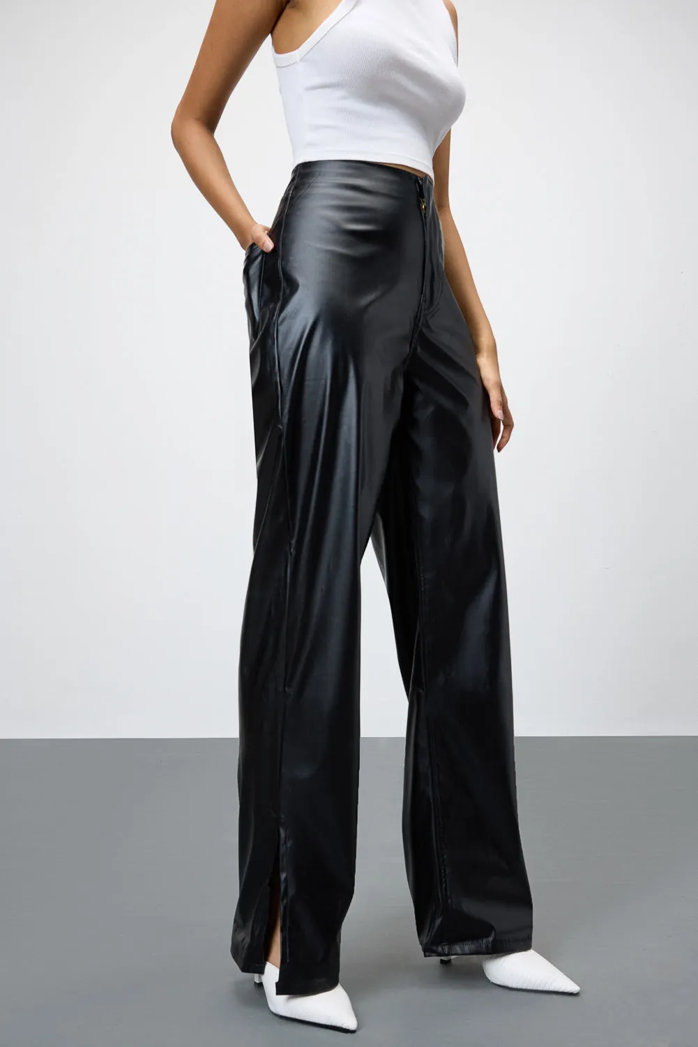 Slit-Hem Black Leather Pants