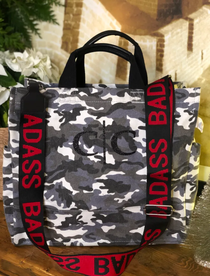 Split Letter Monogram Grey Camo North South Bag with Stripe Strap