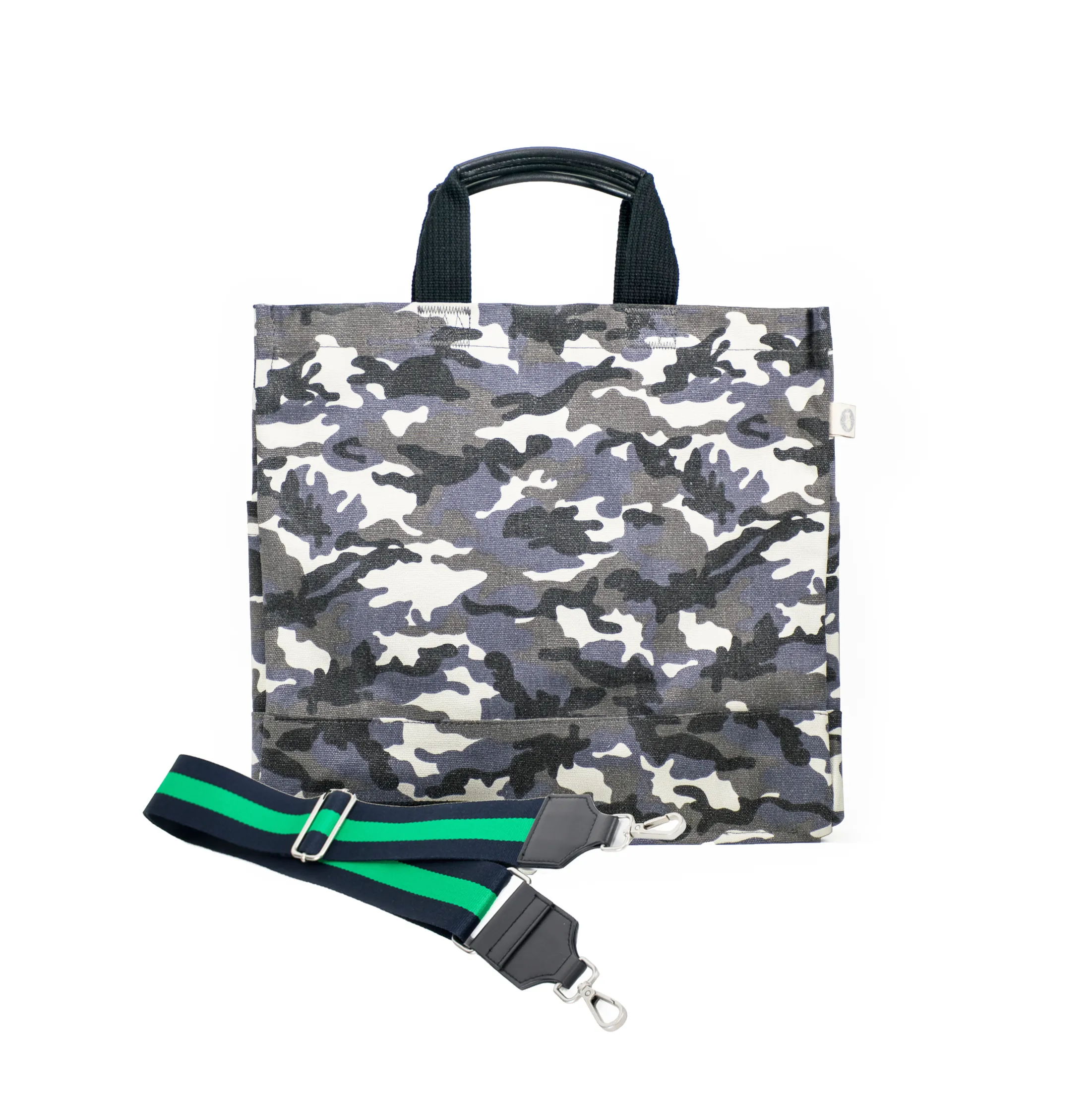 Split Letter Monogram Grey Camo North South Bag with Stripe Strap