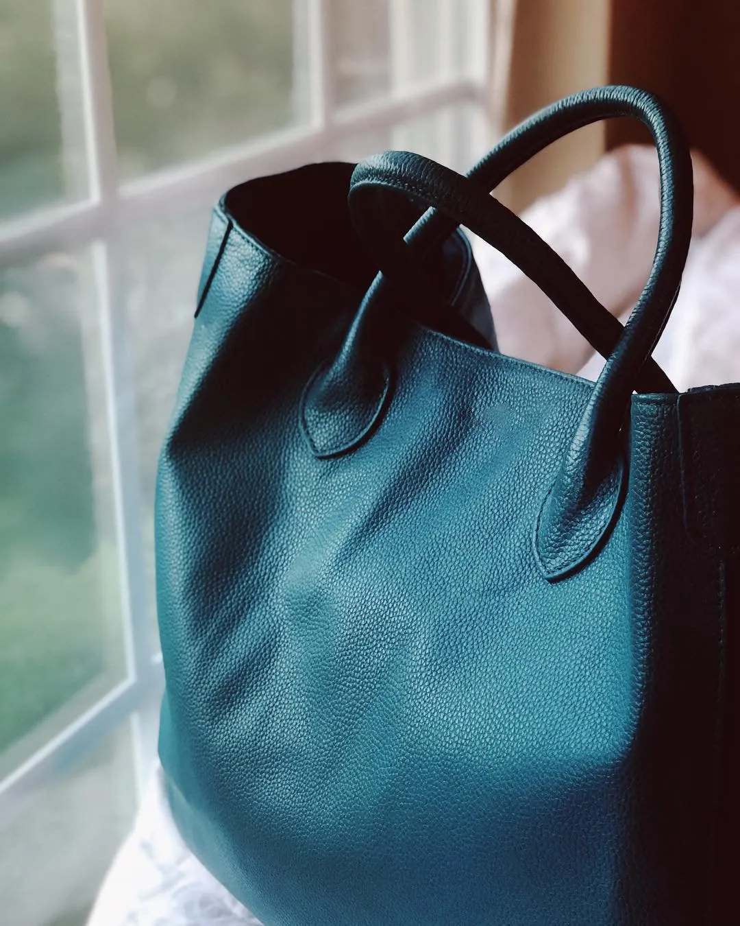 Teal Blue Large Leather Tote Bag, Cowhide Leather Bag, Lady Fashion Bag, Leather Weekend Bag, Women Must-Have Bag, Designer Bag, Gift