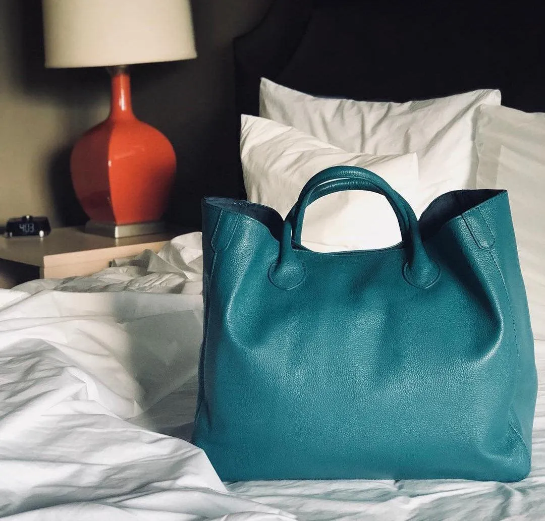 Teal Blue Large Leather Tote Bag, Cowhide Leather Bag, Lady Fashion Bag, Leather Weekend Bag, Women Must-Have Bag, Designer Bag, Gift