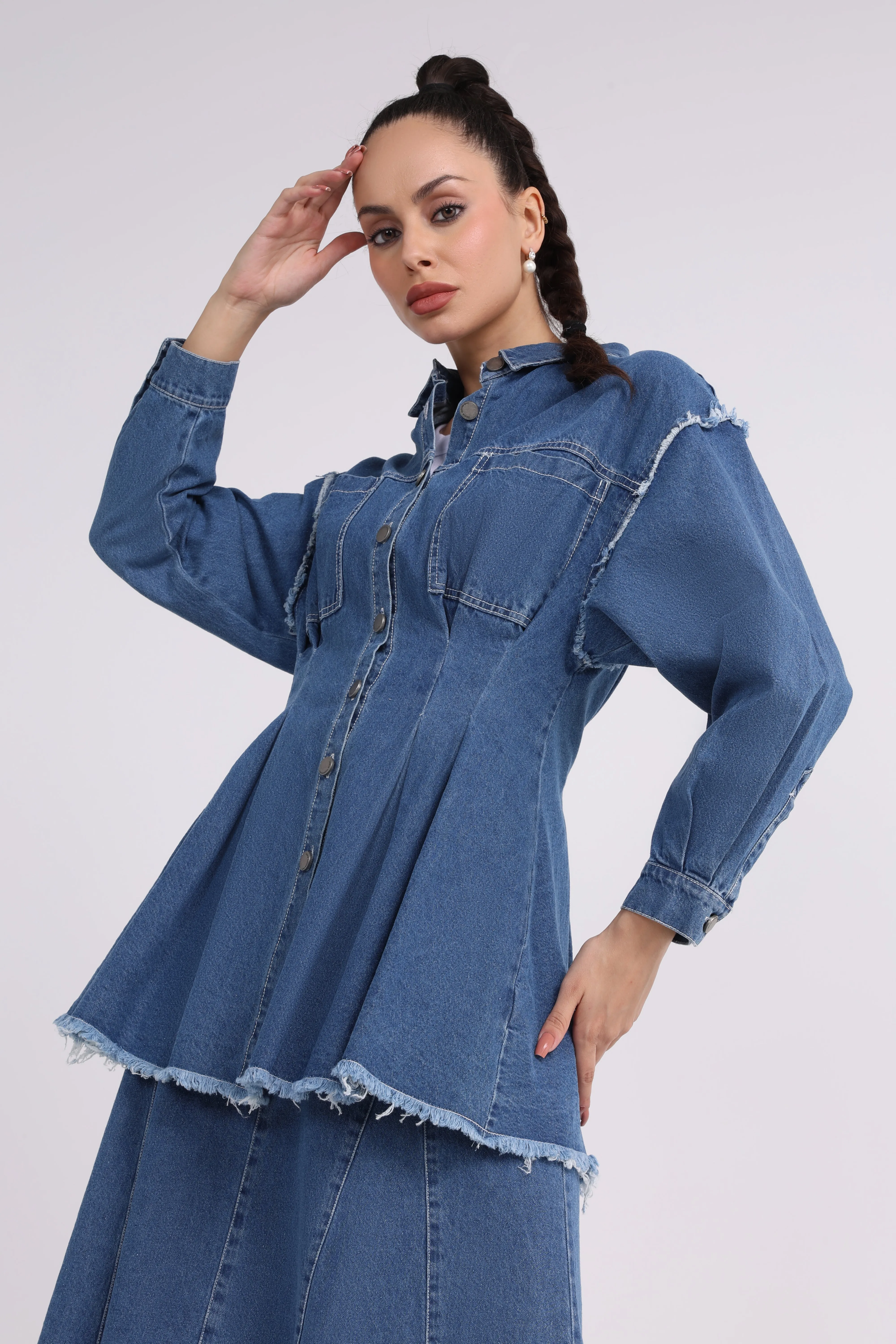 Tight Waist Line Denim Shirt