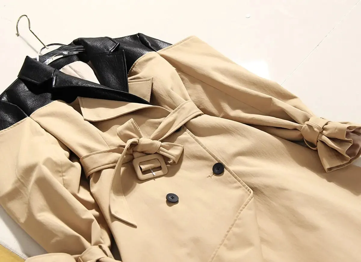 Vegan Leather Contrast Trench Coat