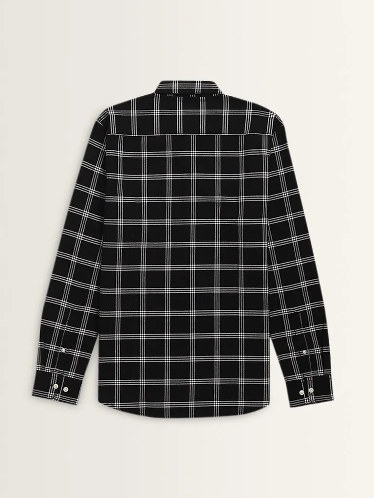 WES Casuals Black Checkered Slim-Fit Cotton Shirt