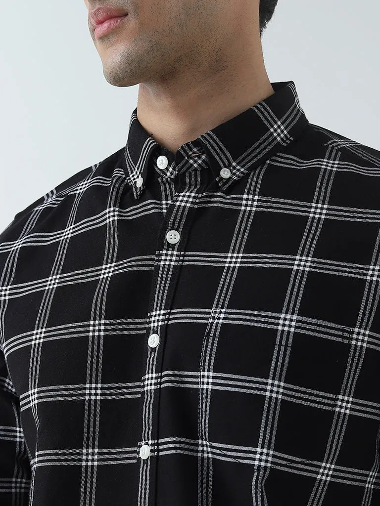 WES Casuals Black Checkered Slim-Fit Cotton Shirt