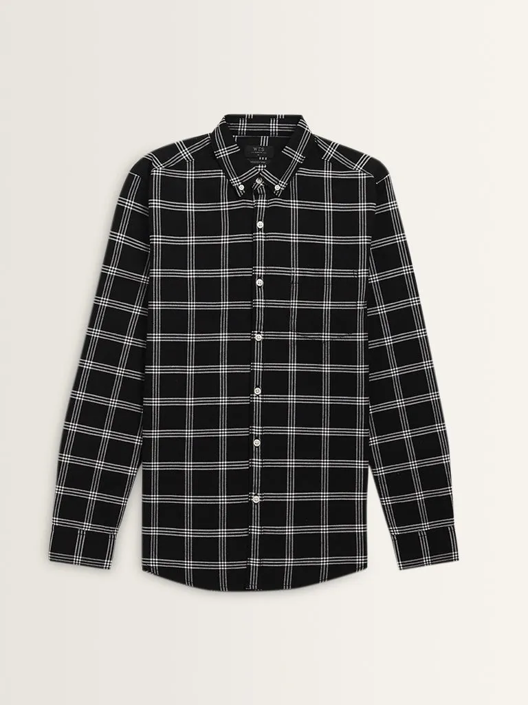 WES Casuals Black Checkered Slim-Fit Cotton Shirt