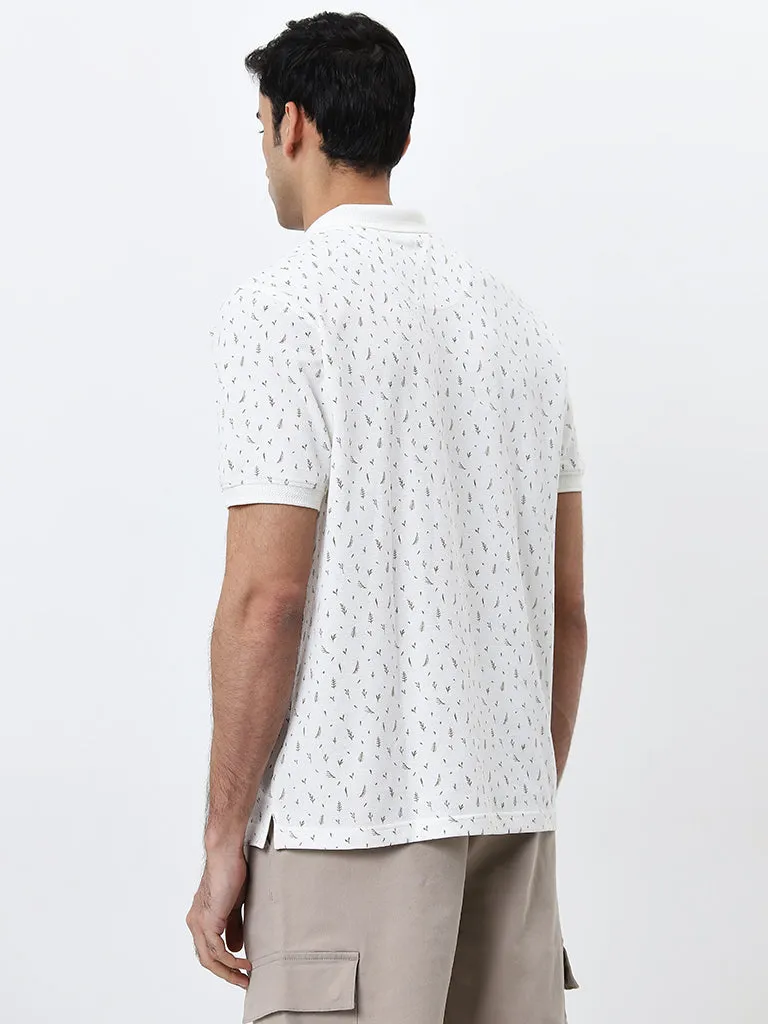 WES Casuals White Botanical Print Relaxed-Fit Polo T-Shirt