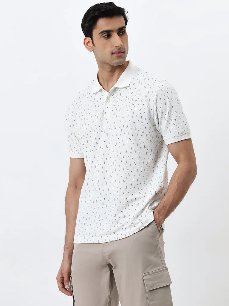 WES Casuals White Botanical Print Relaxed-Fit Polo T-Shirt