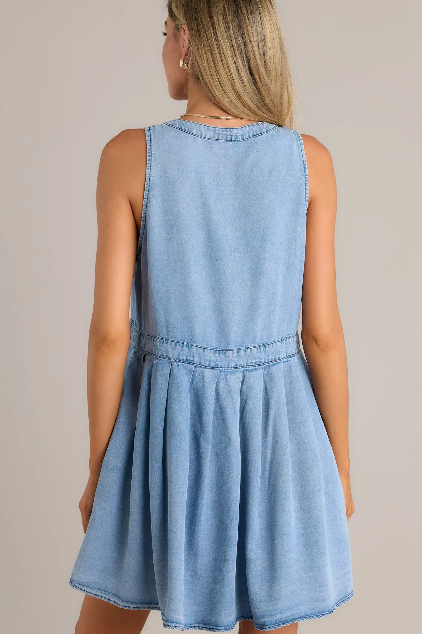 Whispers Of Grace Light Chambray Sleeveless Mini Dress