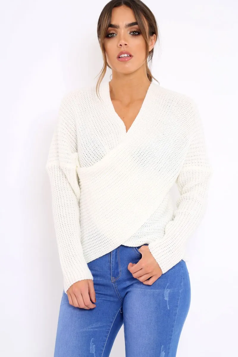 White Wrap Front Cable Knit Jumper - Melia