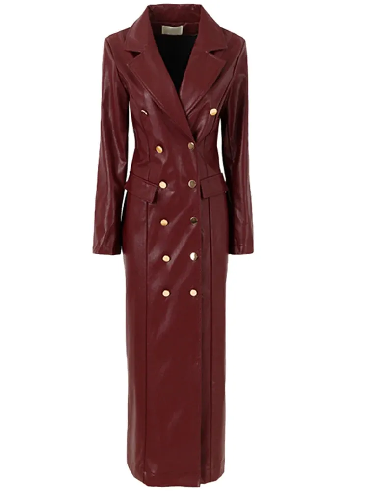 Women's Designer Faux Leather Extra Long Trench Coat