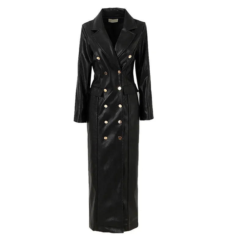 Women's Designer Faux Leather Extra Long Trench Coat