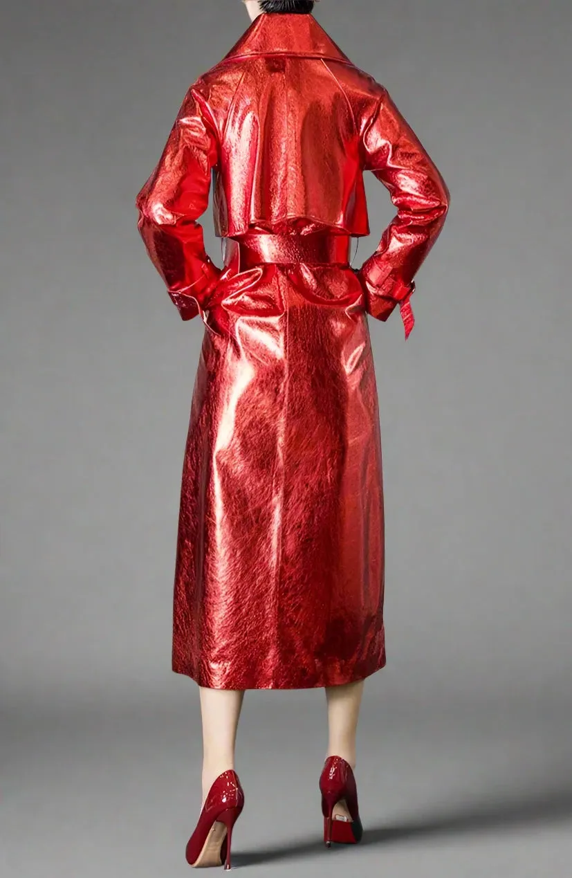 Women's Red Metallic Faux Leather Maxi Coat