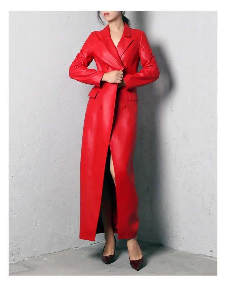 Women's Ruby Red Extra Long Faux Leather Overcoat