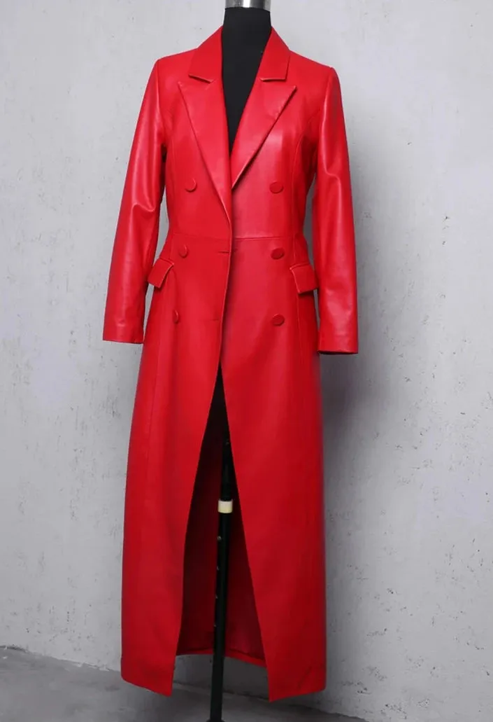 Women's Ruby Red Extra Long Faux Leather Overcoat