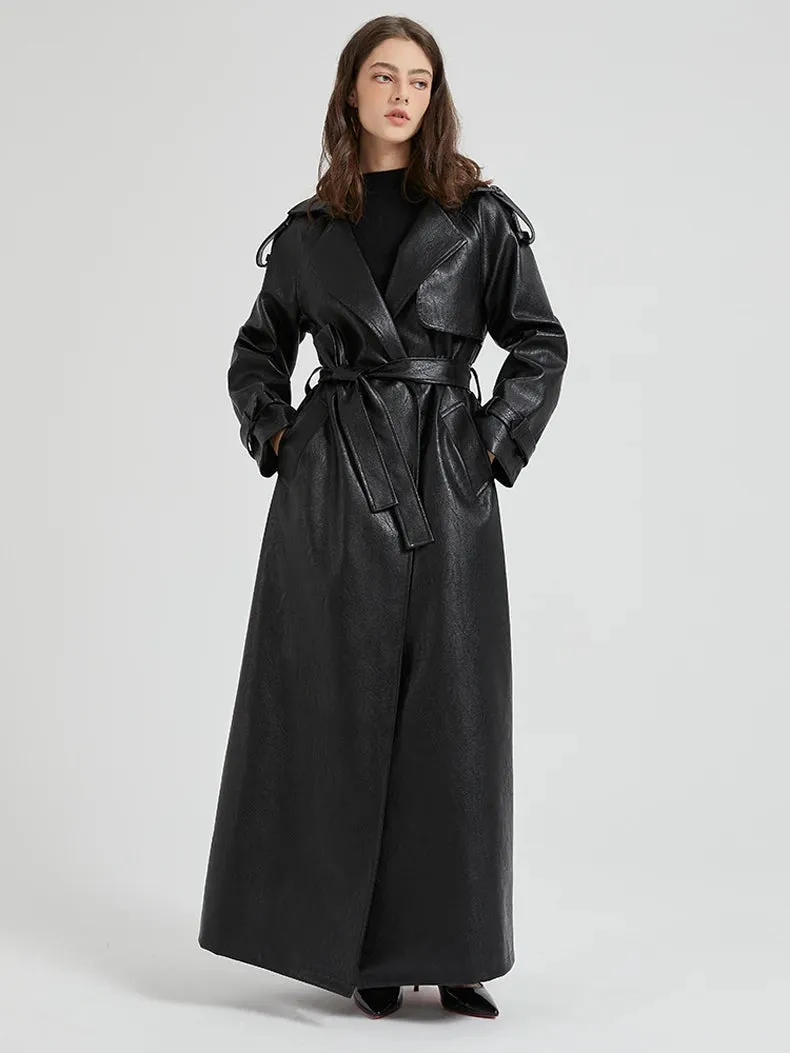 Women's Ultra Long Faux Leather Trench Coat