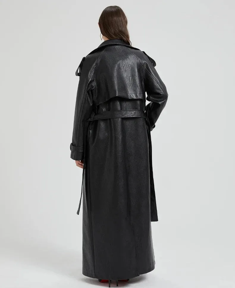 Women's Ultra Long Faux Leather Trench Coat