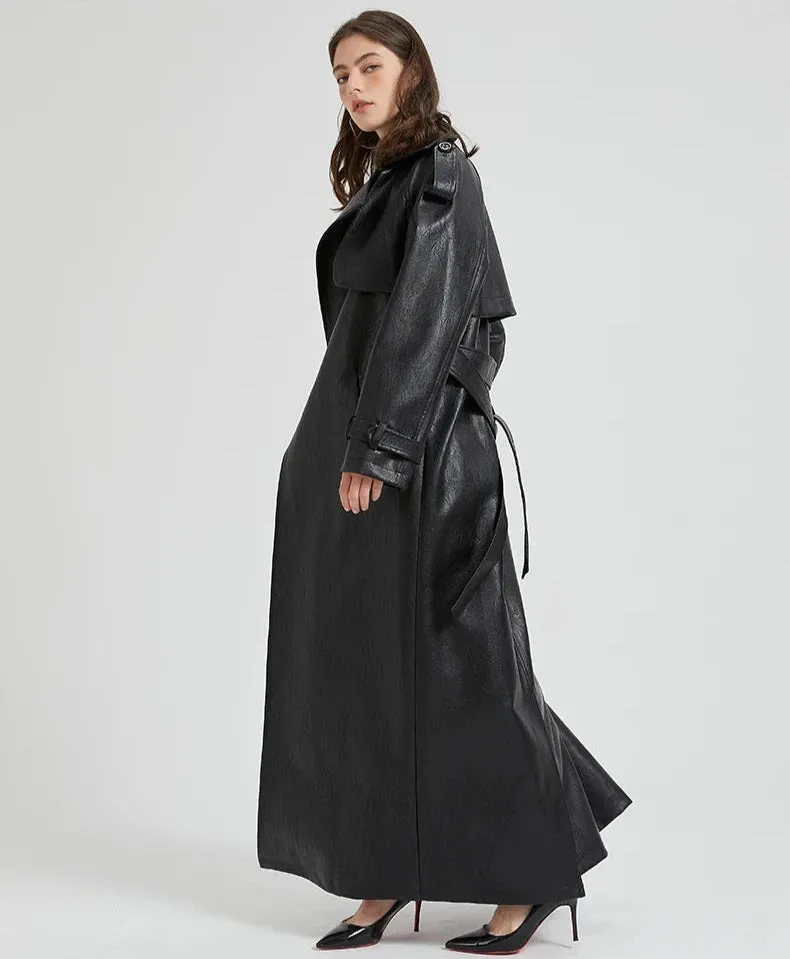 Women's Ultra Long Faux Leather Trench Coat