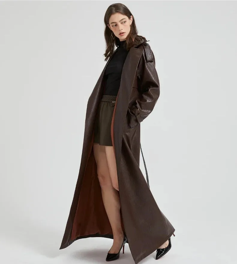 Women's Ultra Long Faux Leather Trench Coat