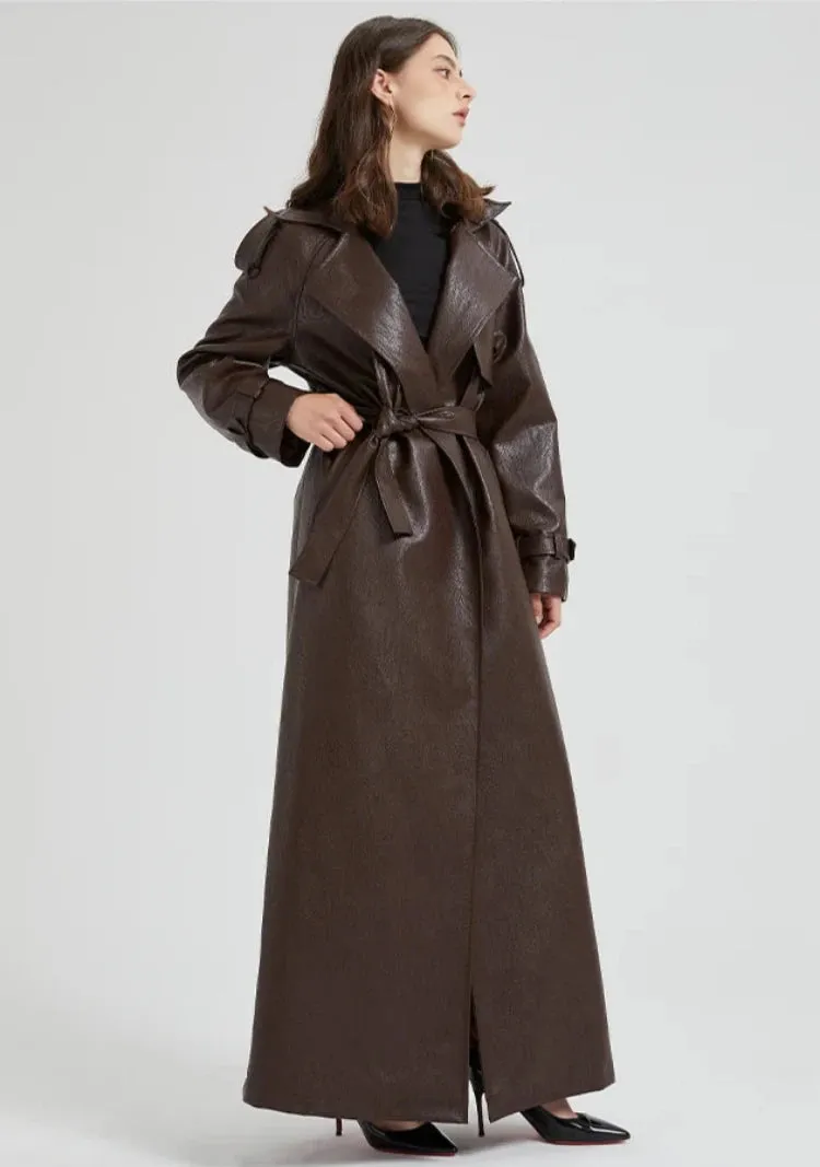 Women's Ultra Long Vegan Leather Trench Coat